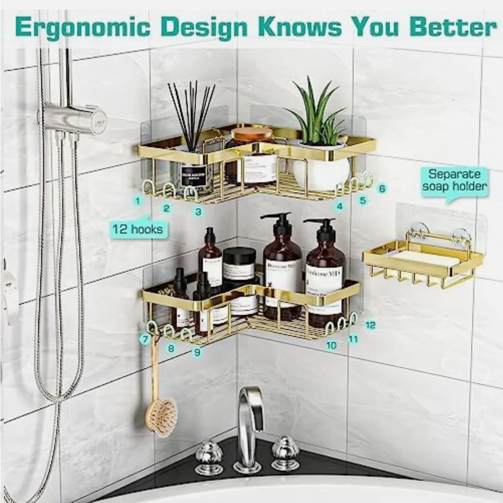 Corner Shower Caddy, 3-Pack Adhesive Bathroom Caddy with Soap Holder & 12 Hooks
